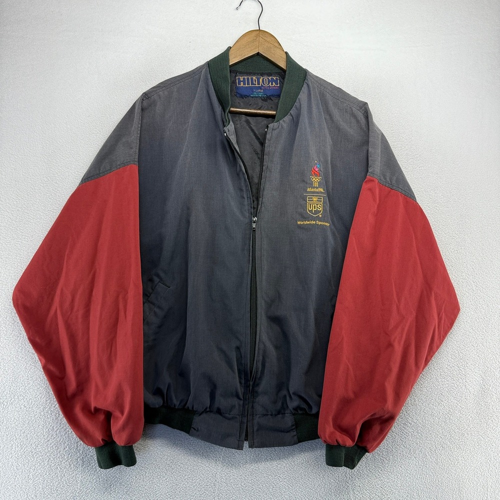 Vintage Atlanta Olympics Jacket Men's XL Faded Black Red Bomber Hilton USA 90s